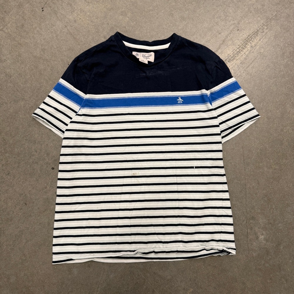 Original Penguin Mens Striped‎ Short Sleeve T-Shirt Navy Blue White Medium